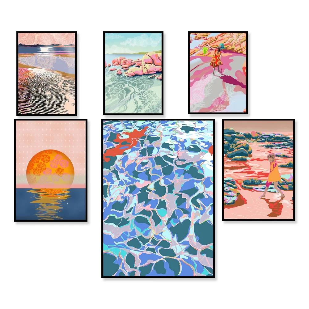 פוסטר בריכת חוף פסטל בהיר עם נשי אסתטי גחמני אסתטי רטרו האוקיינוס, חוף נושאים נוף, עיצוב החדר האסתטי