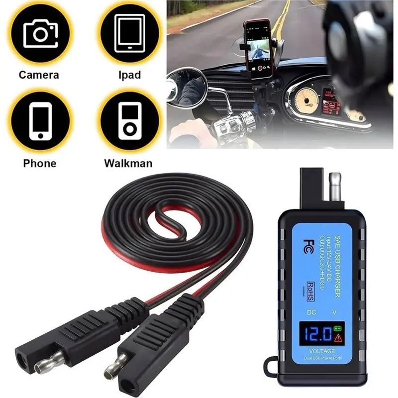CYL-Motorcycle 12V Universal USB-C QC3.0 Fast Charger Power Adapter LED Digital Voltage Display Motorbike Accessory