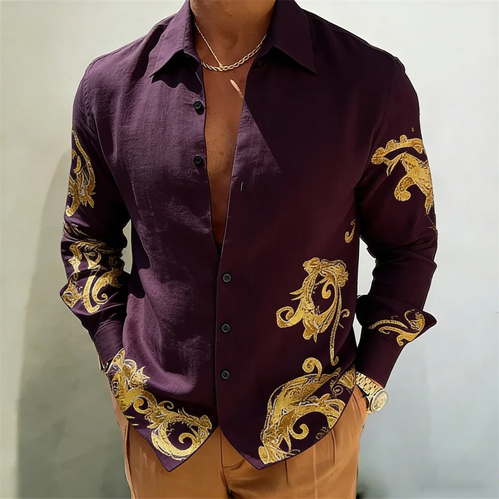 Men Yellow Golden Baroque Floral Print Long Sleeve Shirt Lapel Collar Button‑Up Polyester Party Blouse