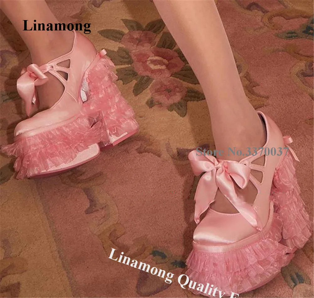 Linamong Girls Cute Pink Satin Ruffles Chunky Heel Pumps Charming Mesh Fringes High Platform Lace-up Thick Heel Dress Shoes