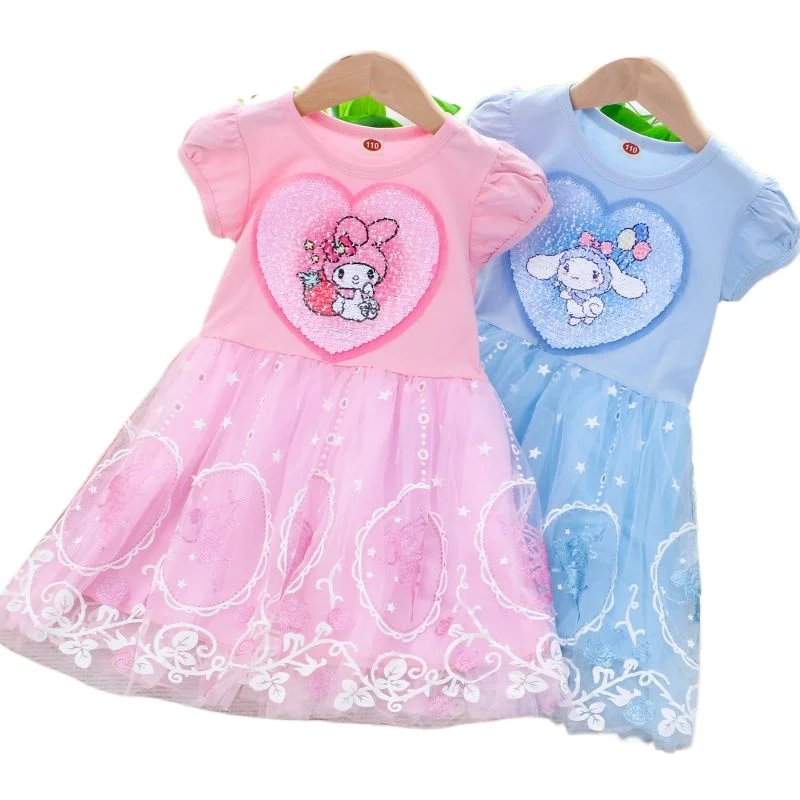 

Girly Heart Kawaii My Melody Anime Kawaii Sanrio Cotton Princess Dress Summer Cute Cinnamoroll Children Short Sleeve Skirt Gifts