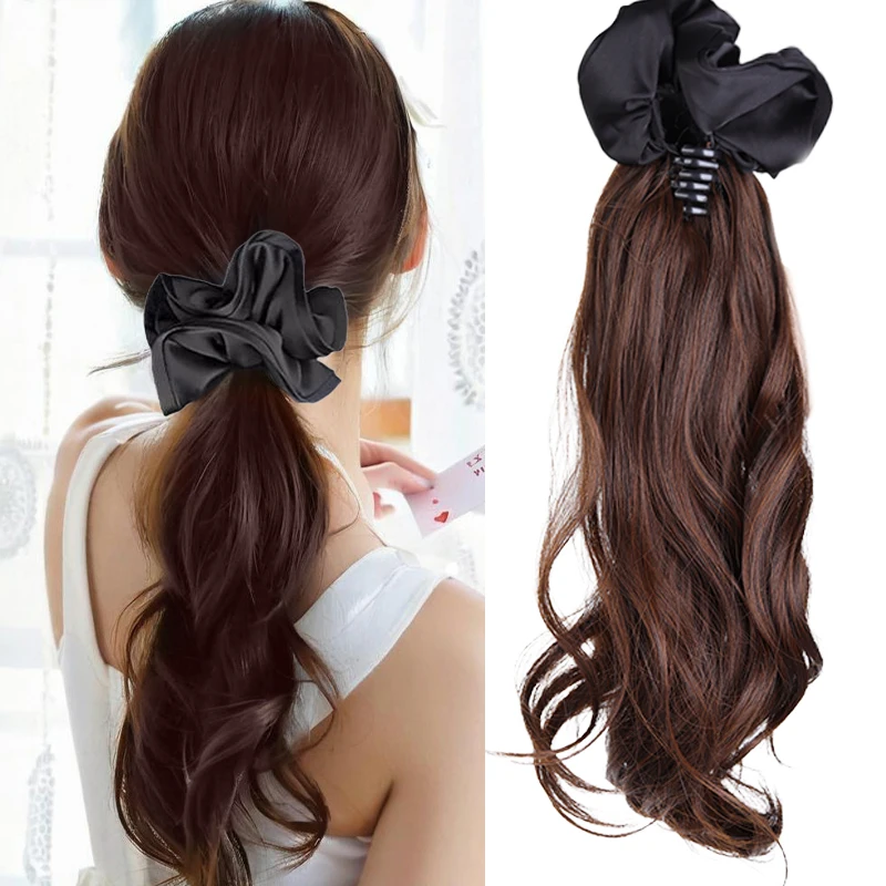 

Синтетические волнистые волосы, хвостик, 16 дюймов, волнистые вьющиеся хвостики, наращивание волос с черно-коричневыми волосами, резинка для волос, зажим для волос, шиньон для женщин
