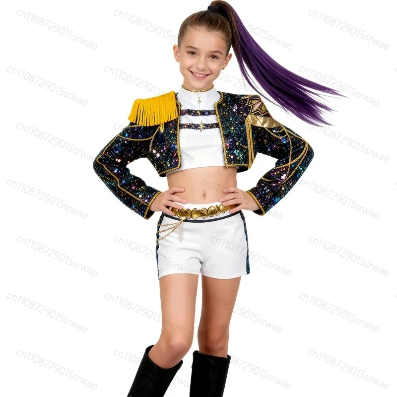 أزياء الأطفال التأثيرية K-Pop شيطان الصيادين رومي ميرا كرنفال حفلة الفتيات الزي البوب المغني الملابس نسيج الذهب الأسود