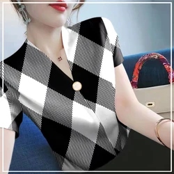 2024 Sommer High-End elegante Modetrend V-Ausschnitt Nieten Perlen Plaid gedruckt Pendeln einfache und vielseitige Kurzarmhemd