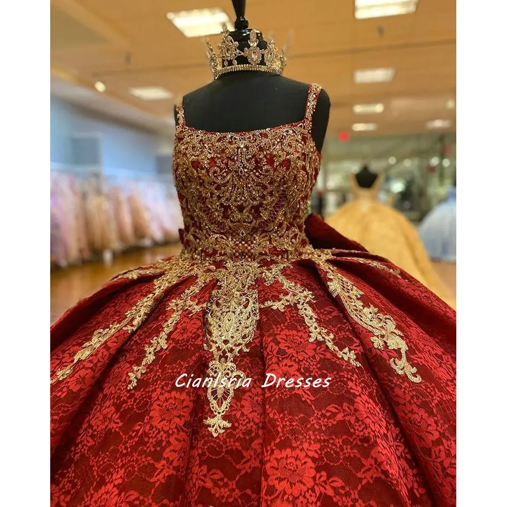 Cintas de espaguete vermelho laço bola vestido quinceanera vestidos com apliques ouro arco babados volta espartilho para doce 15 meninas festa