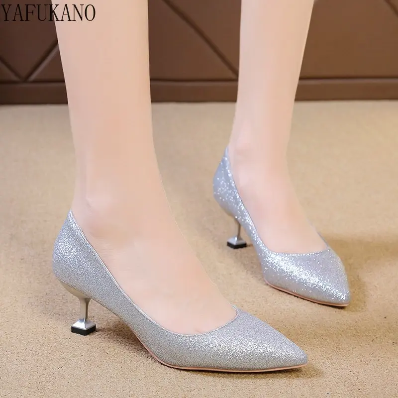 Fashion Pointed Toe Thin Heels Women Shoes Gold Silver Wedding Bridesmaid Shoes Shiny Sequin Ladies High Heels Small Size 33