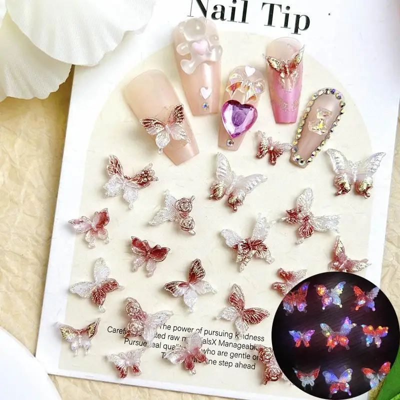 Translucent Retro Red Butterfly Nail Art Decorations Gradient Color Luminou Flowers Resin Nail Charms Accessories for DIY Nails