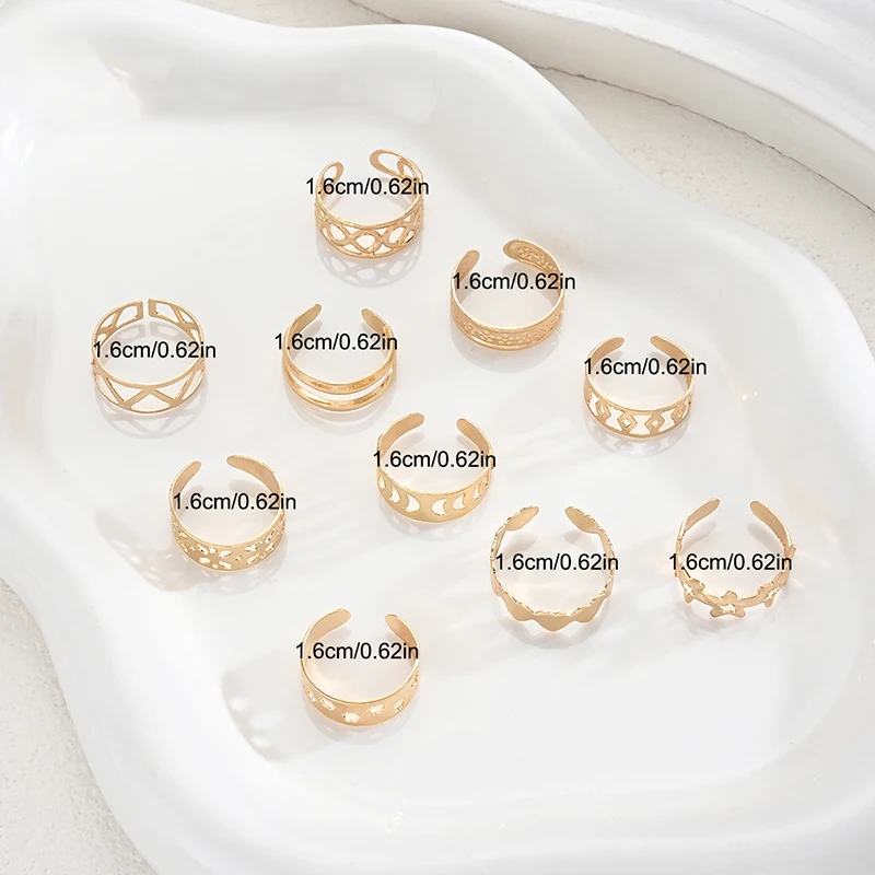 10pcs Gold Hollow Toe Ring Set With Heart Star Lightning Design For Women Adjustable Beach Foot Jewelry Summer Vacation Gifts view 6