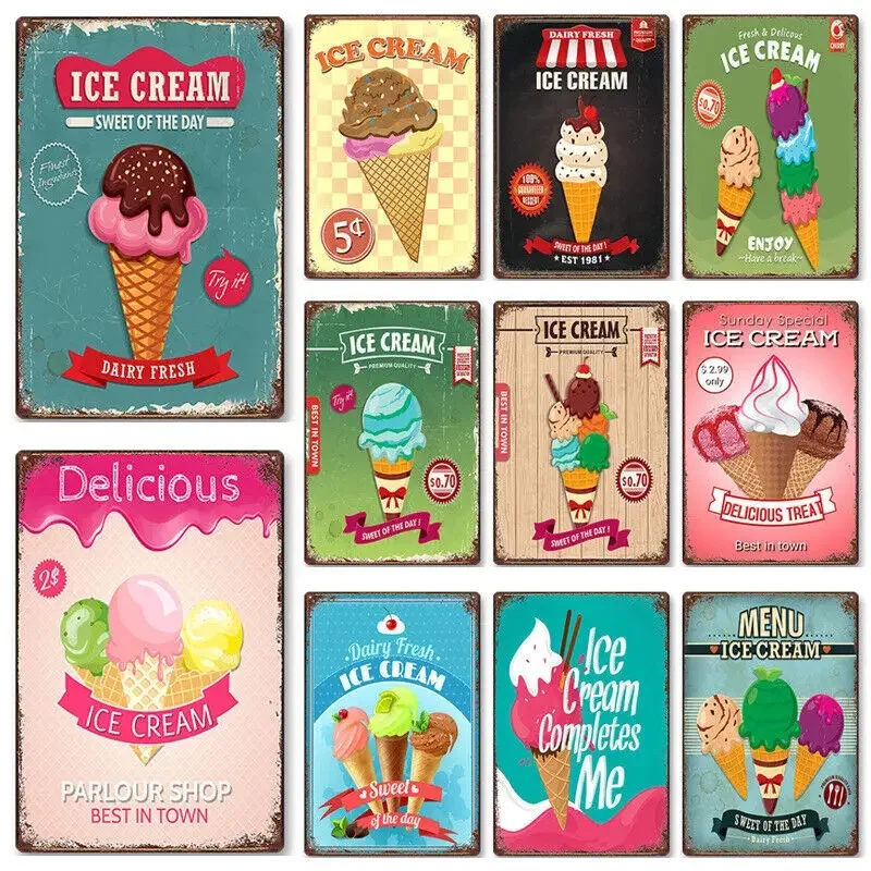 Vintage Ice Cream Tin Metal Signs Shop Wall Plaques Restaurant Shop Posters Wall Decor Customization Gift Home Decor 8×12 Inches