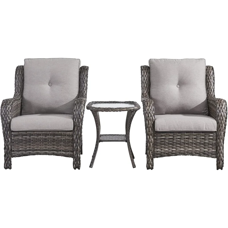 

Patio Bistro Set Wicker Chairs - 3 Piece Outdoor Rattan Conversation Set with 2 Armrest Chair and 1 Side Table for Proch Deck