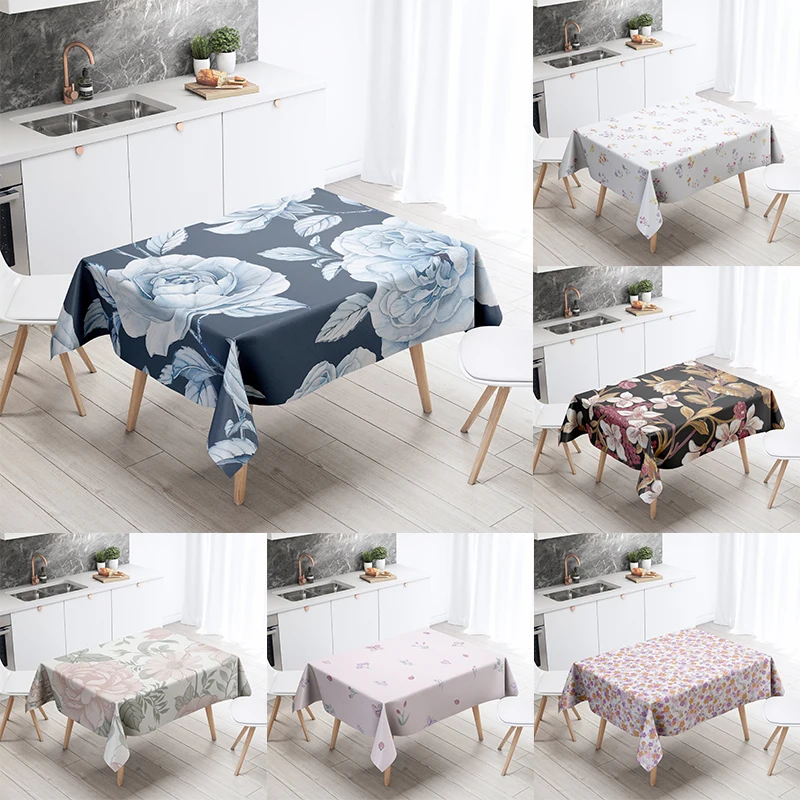 Floral Tablecloth Home Decor Stain Resistant Waterproof Table Decoration Rectangular Kitchen Fireplace Countertop