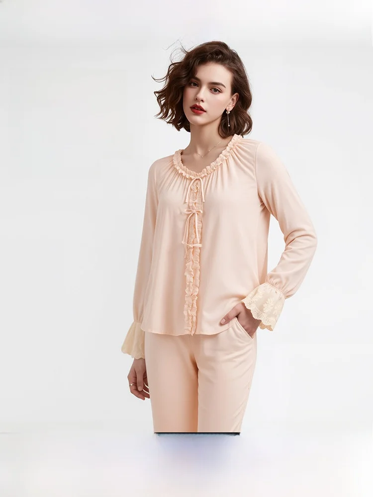 Sweet Lace Splicing Spring New Women's Sleepwear Home Clothes Set MYBODY Gathered Long Sleeve round Neck Polyester Fiber