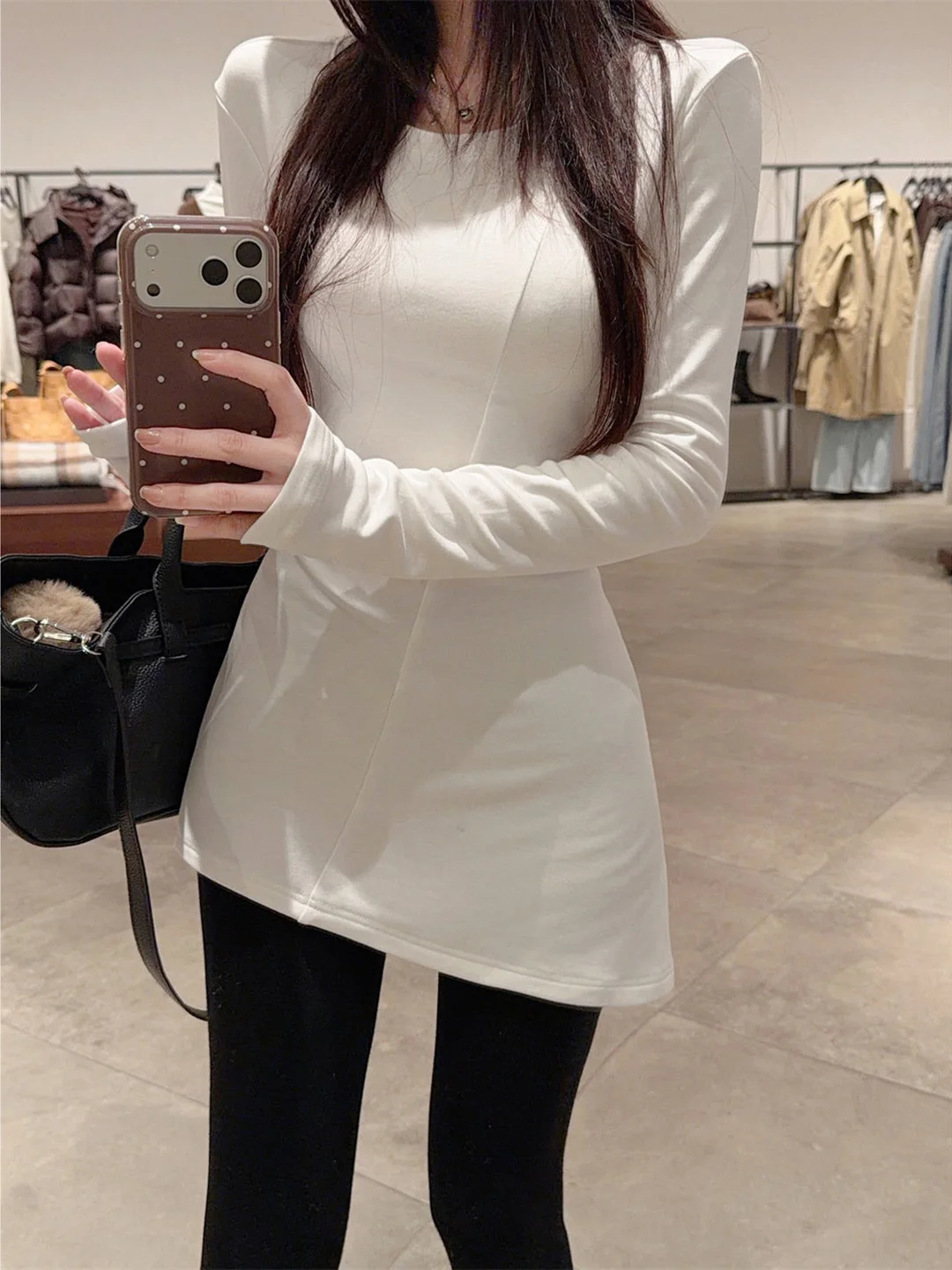 White Asymmetrical Splice Long Sleeve T-Shirt Women's Spring Autumn Winter Waist Cinching Slimming Butt Covering Inner Wear Top
