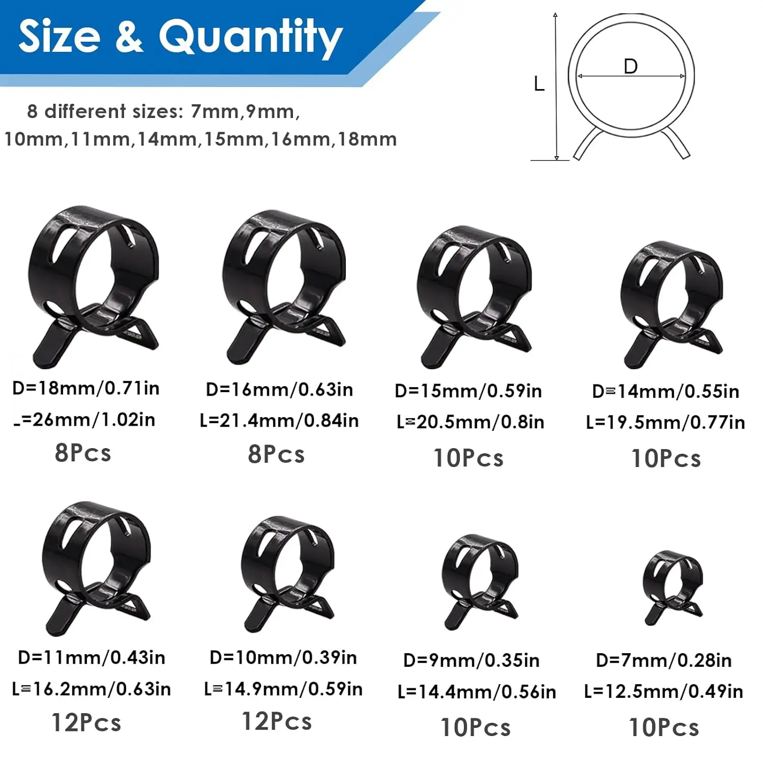 80Pcs Spring Band Hose Clamps Assortment kits Silicone Vacuum Hose Pipe Clamp 7-18mm Low Pressure Air Clip Clamp(Black)