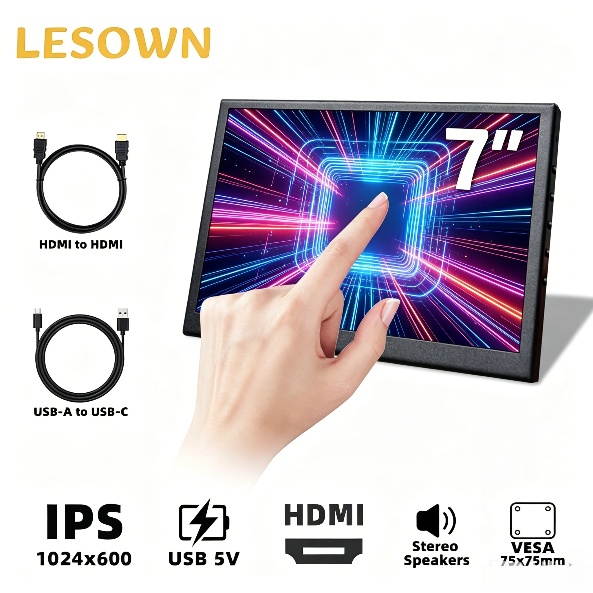 LESOWN 7 Inch Matte White Computer Monitor 1024x600 IPS Case Internal Hardware Status Screen with Audio Speaker for PC Setup