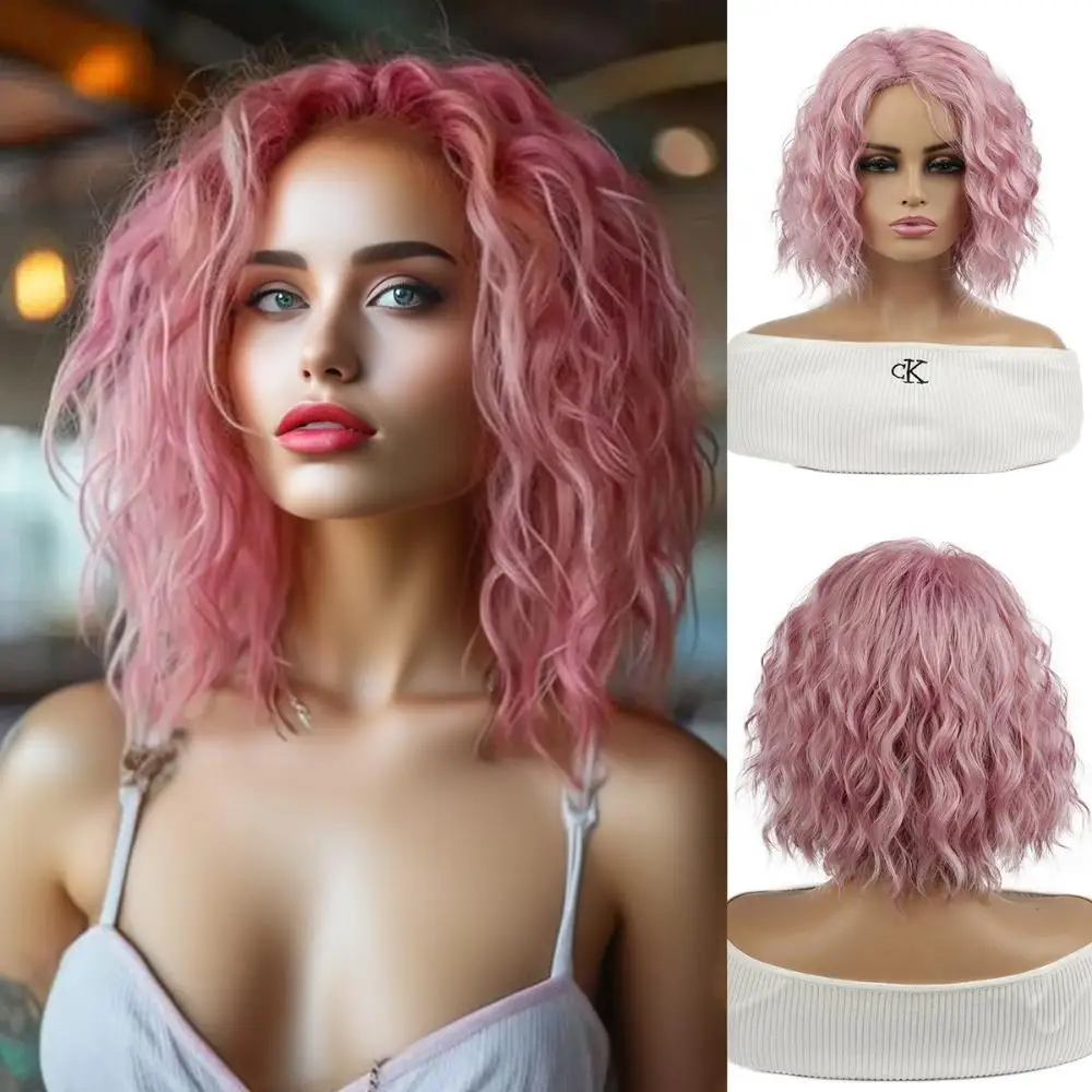 

Cosplay Short Curly Wig for Women Nature Hairline Middle Part Bob Pink Wigs 10 Inch Synthetic Heat Resistant for Party Halloween
