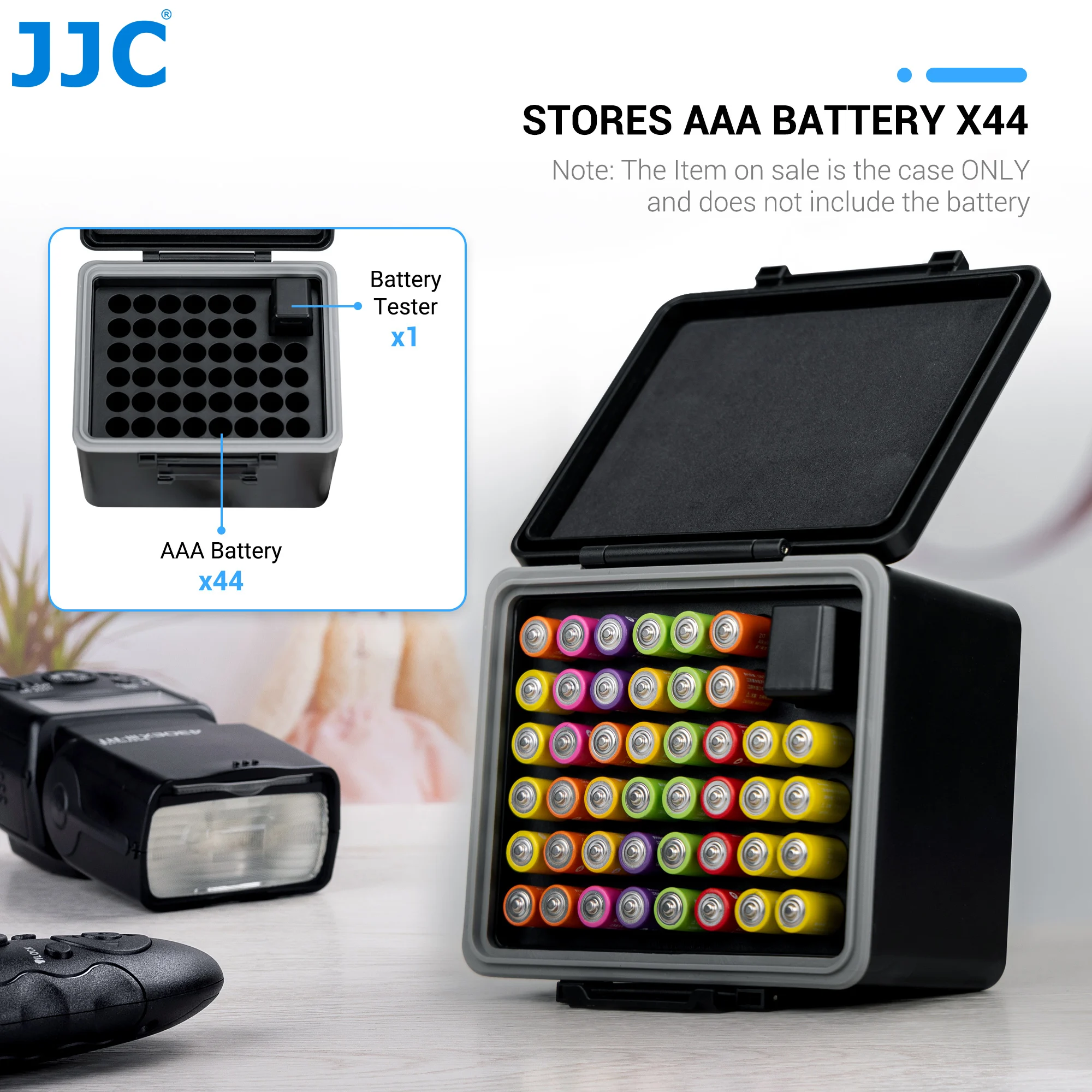 JJC 44 Slots AAA Battery Case with Battery Tester Waterproof Battery Storage Box Organizer for AAA Rechargeable Batteries Black