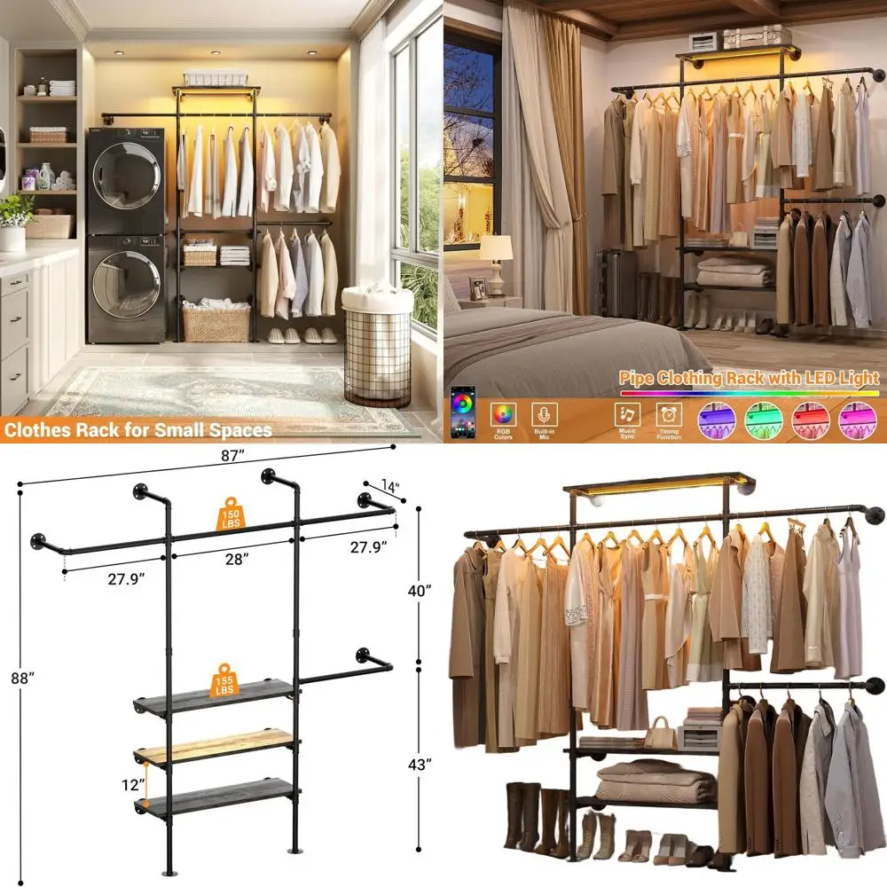 7.25FT Reversible Wall-Mounted Heavy Duty Clothes Rack with LED Lights and Shelves, Grey
