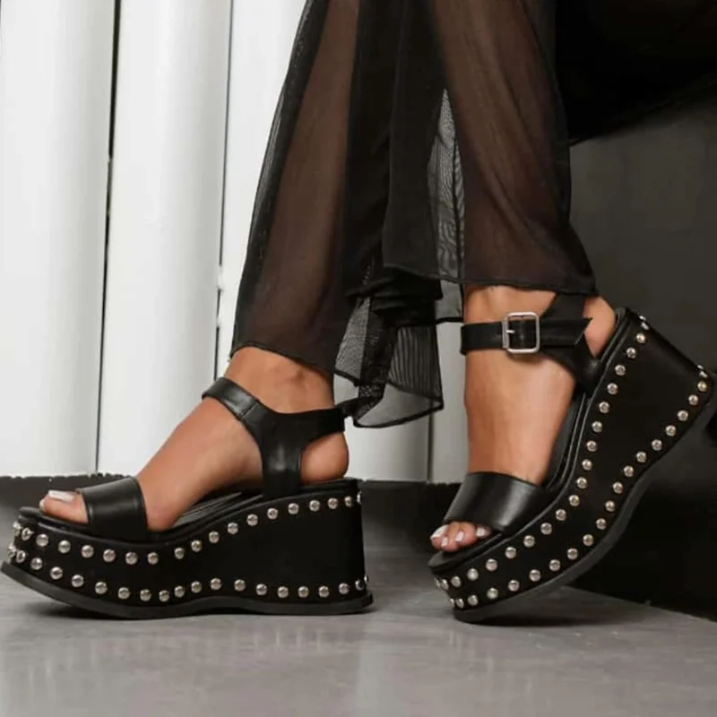 Metal Rivet Platform Wedges Sandals Sexy Round Toe Mixed Colors Shingback Customized New Arrivals Fashion Women Modern Shoes