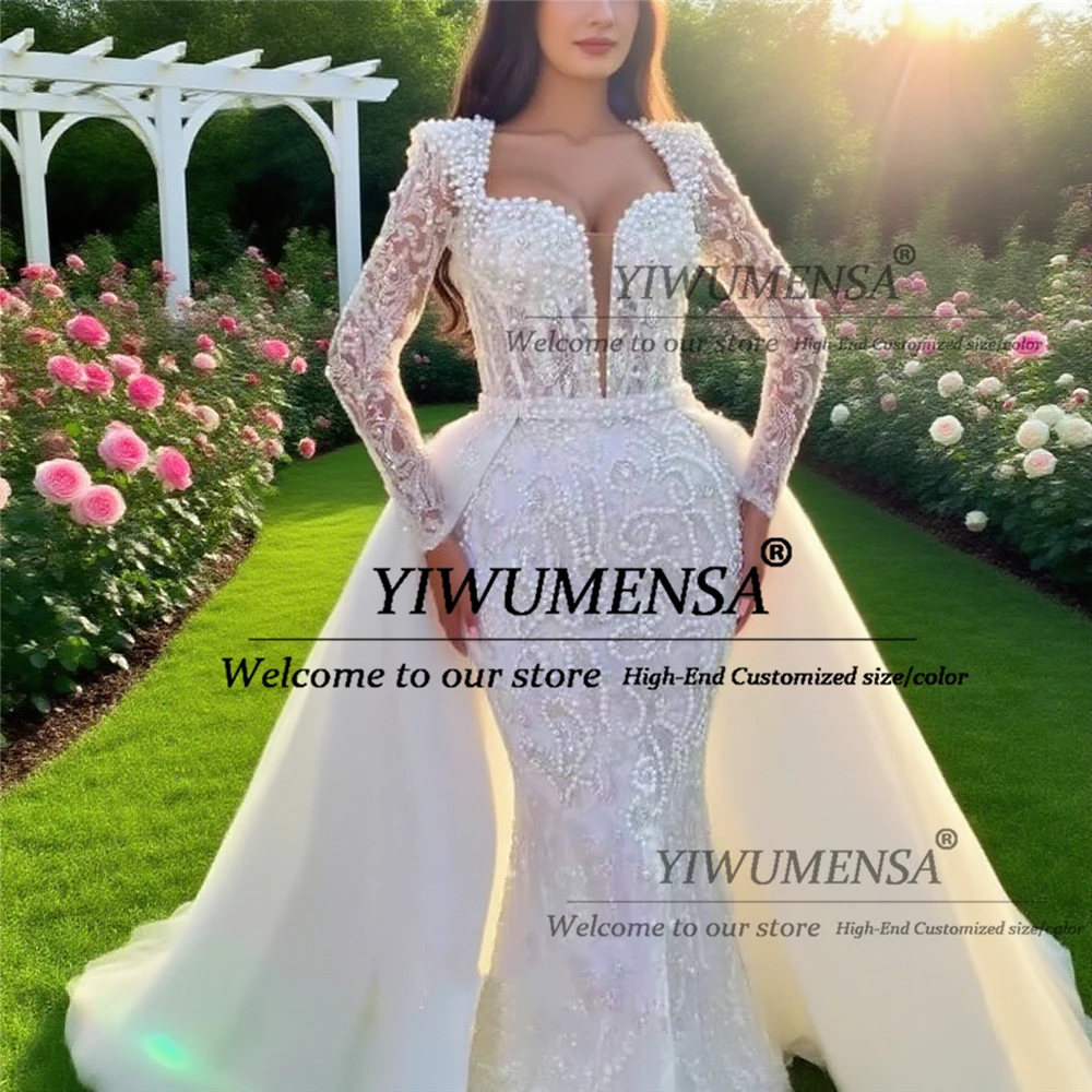 Vestidos de novia de sirena con cuentas y perlas brillantes para novia, vestidos de novia personalizados de 2 piezas con tren desmontable, vestido africano