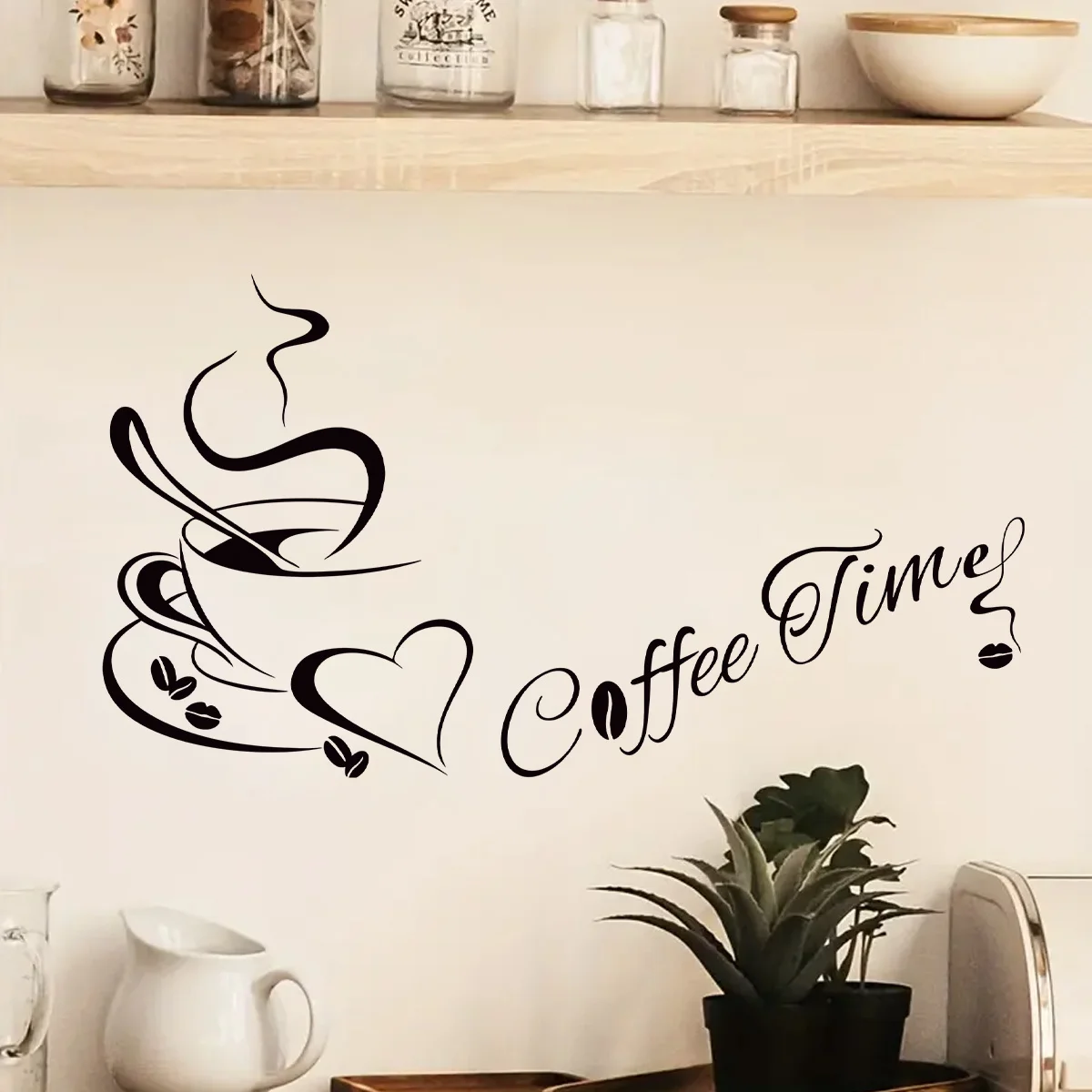 Hand Drawn Coffee Heart Silhouette 'Coffee Time' Art Wall Stickers for Bedroom Living Room Kitchen Decoration Wall Decals