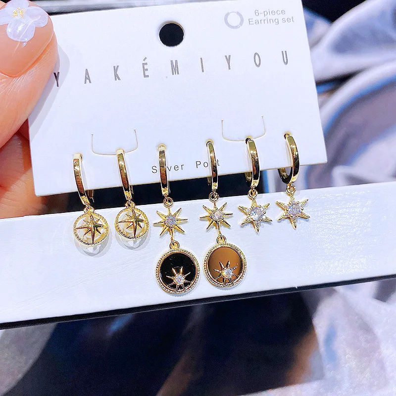 MIGGA 3 Pairs Cubic Zircon Black Acrylic Star Dangle Earrings Set Gold Color Fashion Women Jewelry