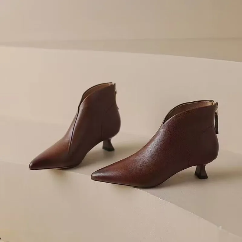 Autumn Winter Pointed Toe Women Ankle Boots Fashion Elegant Zippers Short Booties Vintage Ladies Square Heels Casual Shoes