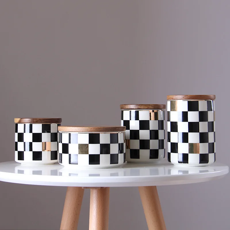 Luxury Chessboard Pattern Food Storage Jar Ceramic Tea Coffee Spices Container Chic Home Decoration Housewarming Gift