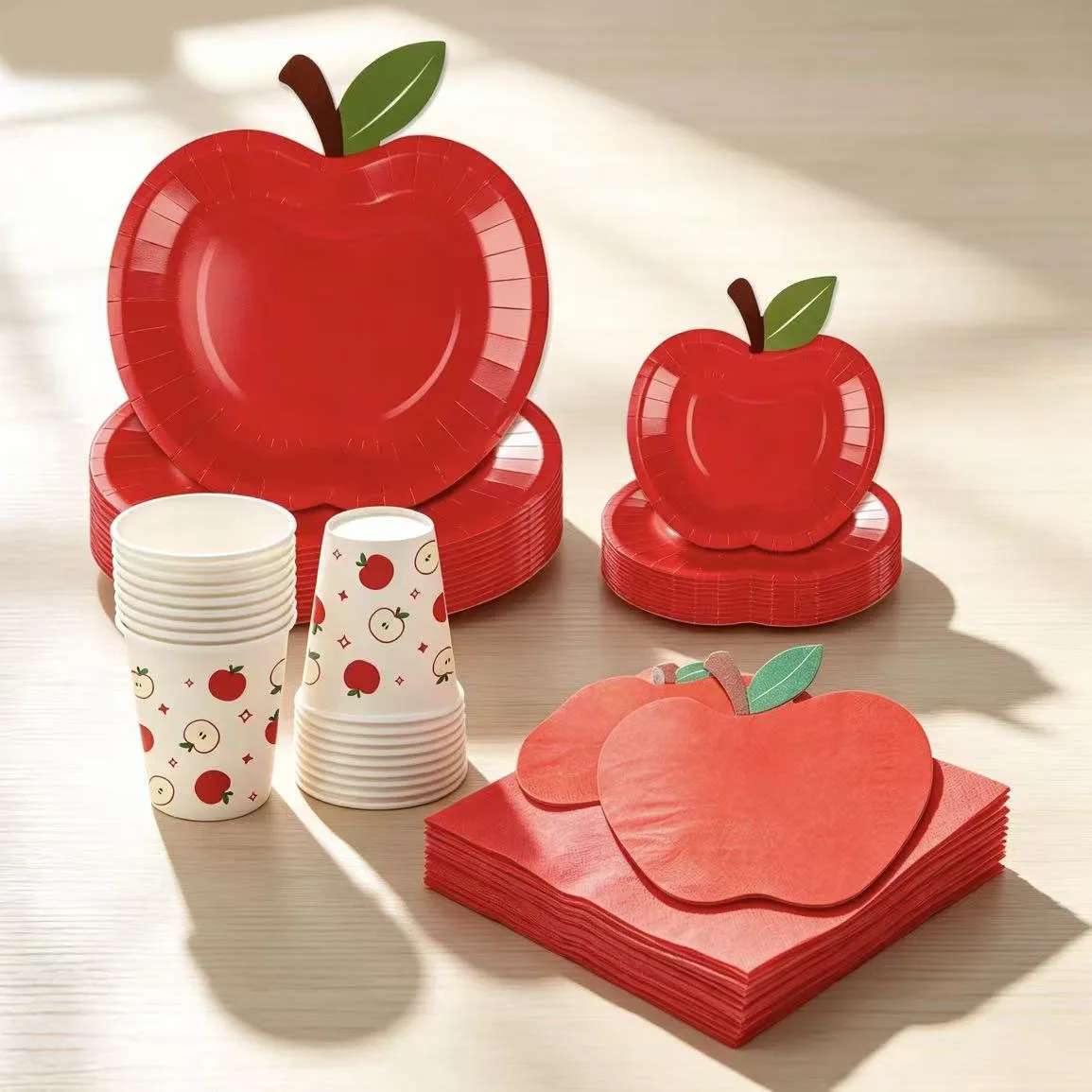 Kit de vaisselle de fête en papier biodégradable en forme de pomme pour la veille de Noël, assiettes, gobelets, serviettes, décoration d'anniversaire