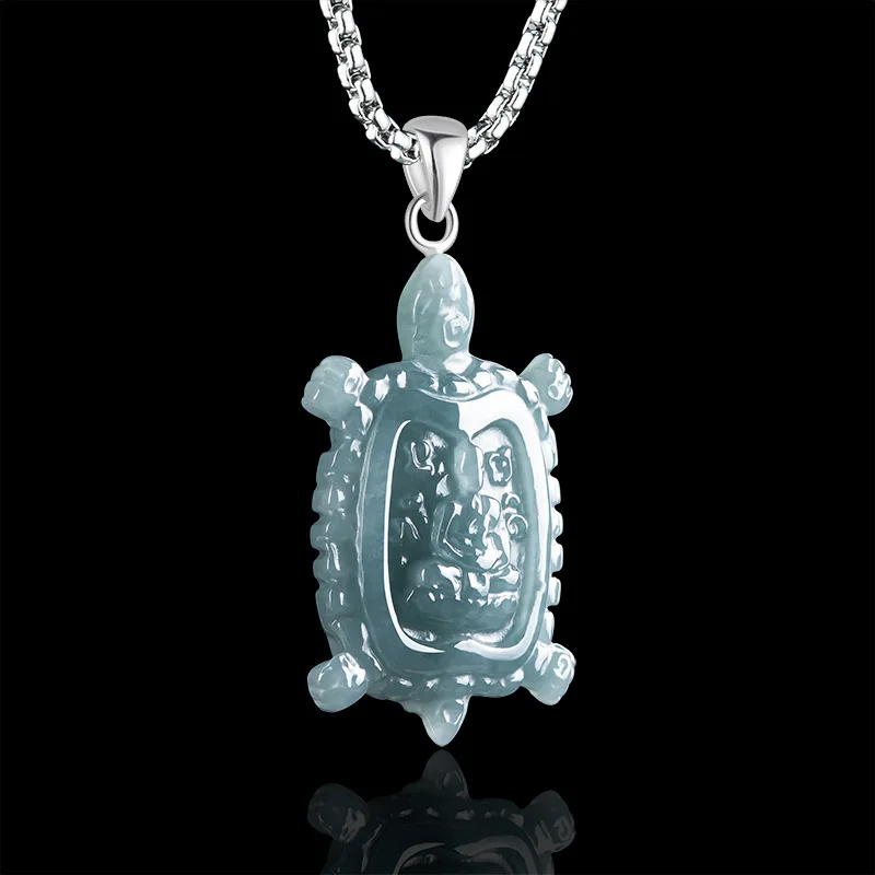 Blue Burmese Jadeite Tortoise Pendant Necklace Talismans Burmese Jade Carved Amulet Designer 925 Silver Stone Charm