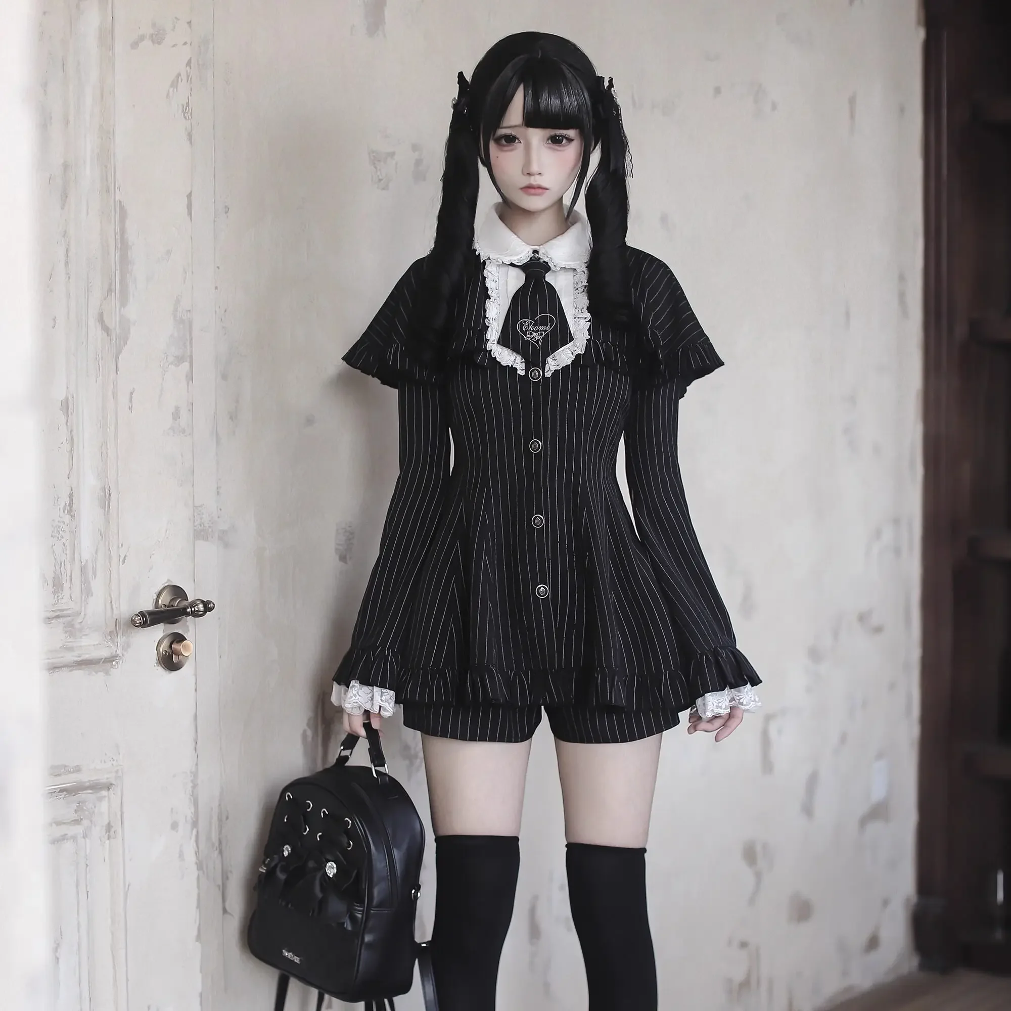 Halloween Subculture Y2K Gothic Dress Set Women Flared Sleeve Peter Pan Collar Striped Slim Dress Harajuku Y2K Jirai Kei Shorts