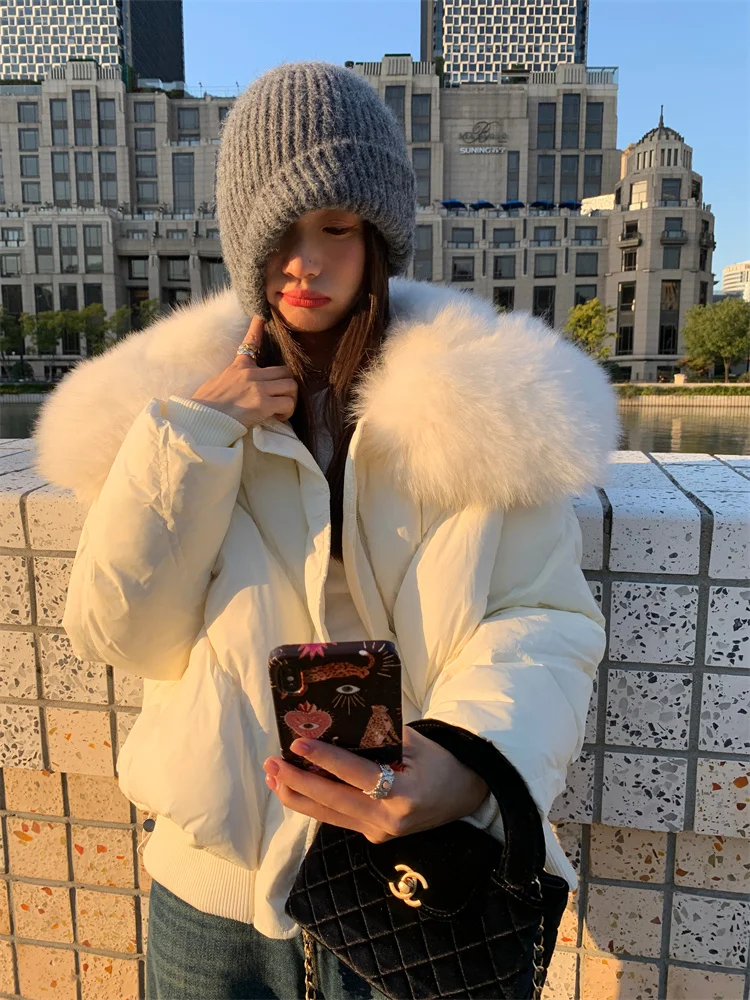 Dames Thiened Ort Down Jaet 2024 Nieuwe Sle Witte Grote Bontkraag Brood Sle Jas Koreaanse Versie Nylon Du Do...