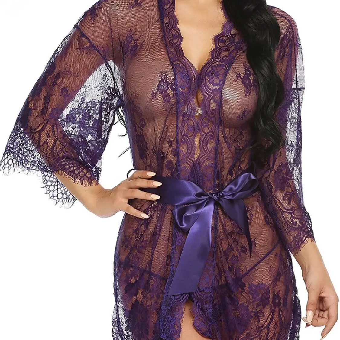 Women\'s Sexy Temptation Lace Nightgown Babydoll Lingerie Mesh Nightgown Large Size Cardigan Nightgown