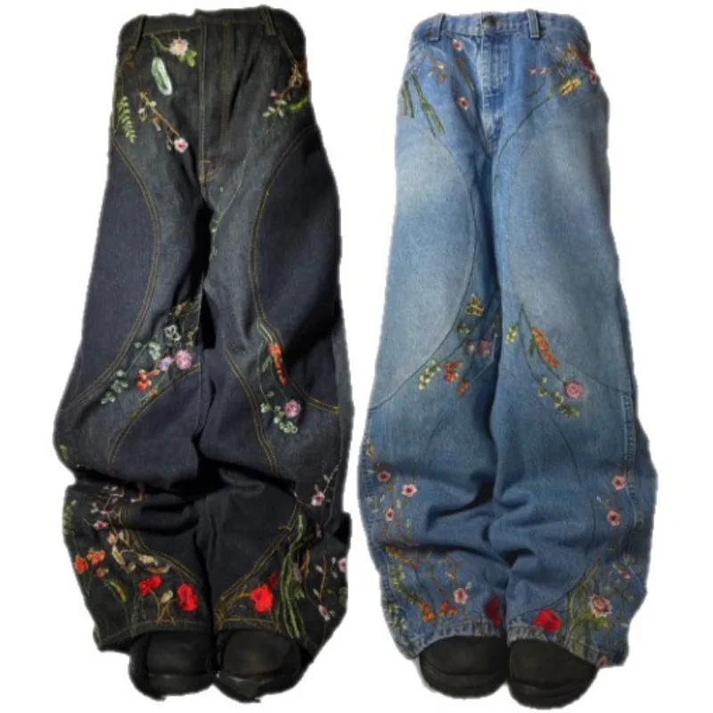 

Y2K Baggy Jeans vintage splicing Floral Seams Embroidery Streamlined Jeans 2000s Harajuku goth men women Hip Hop wide leg jeans