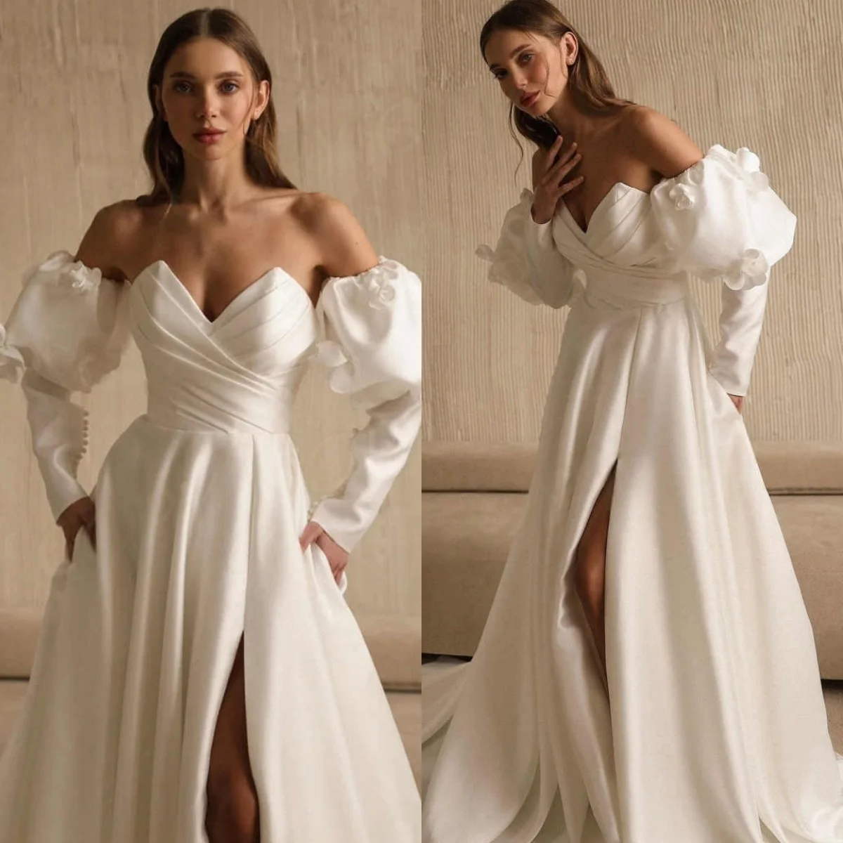 Vestido De Novia De satén De lujo, elegante, blanco, personalizado, manga desmontable, con cordones en la espalda, temperamento para fiesta De Novia