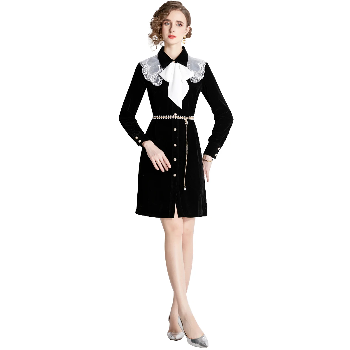 女性のための厚いベルベットのドレス,エレガントな黒,秋,冬,長袖,メッシュの弓,シングルブレスト,ビーズベルト,イブニングドレス