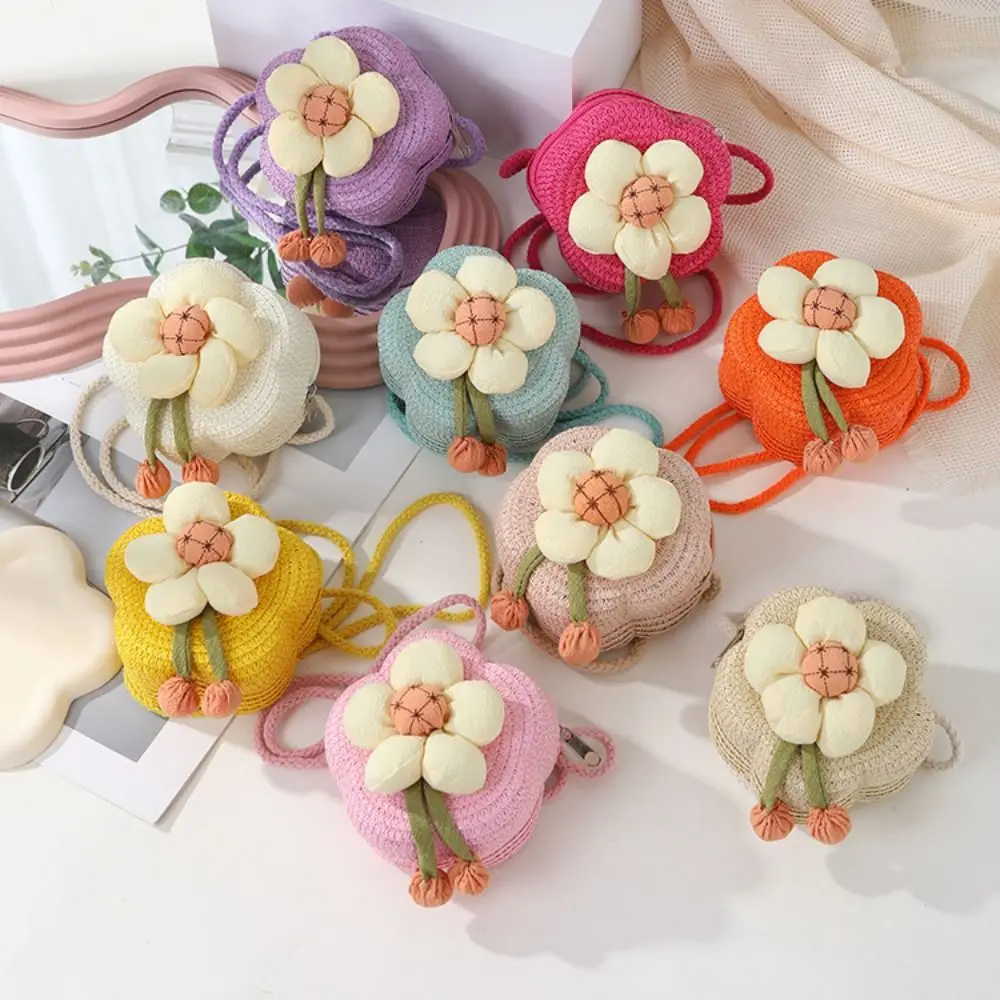 

Children Keys Coin Purse Cute Princess Mini Handbag Handmade Kids Girls Shoulder Bag Flower Straw Baby Bags Messenger Bag