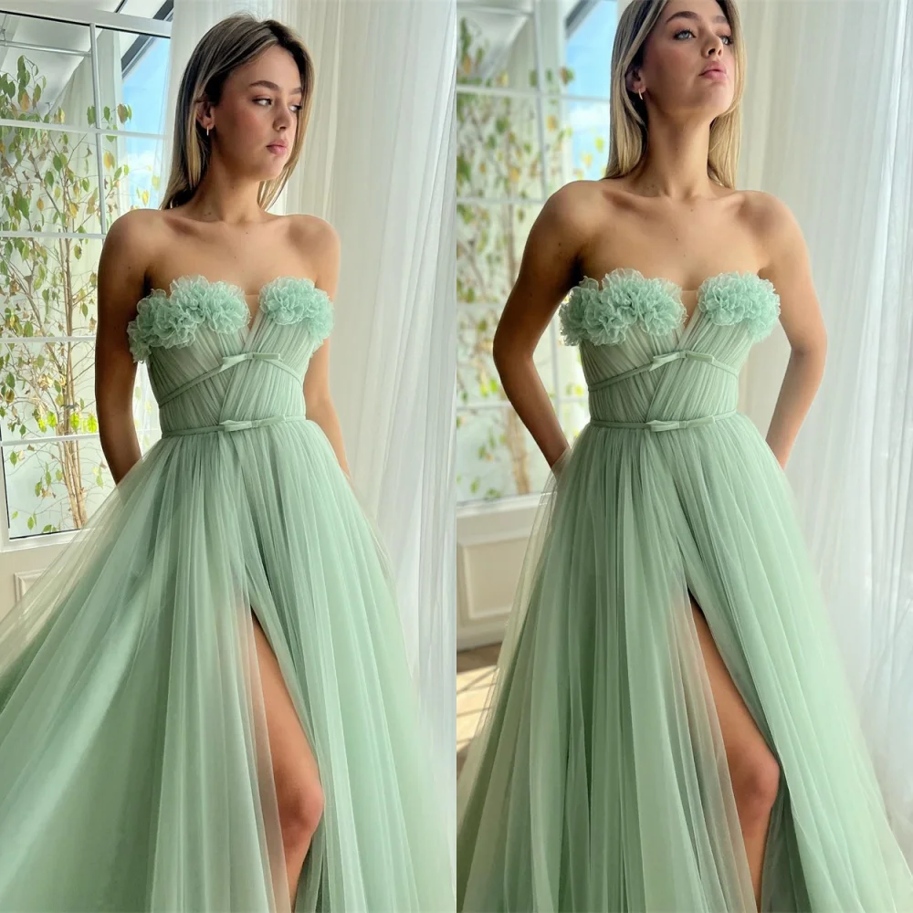 

Customized Charming Green Tulle Evening Dress Classic Strapless Sleeveless Homecoming Dress High Quality Vestido De Festa
