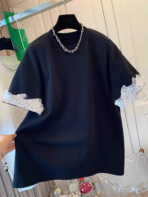 

Unique Design Lace Sleeve T-Shirt Short Sleeve Women's Base Shirt Stylish Top Korean Style Commute Regular Length Spring 2025