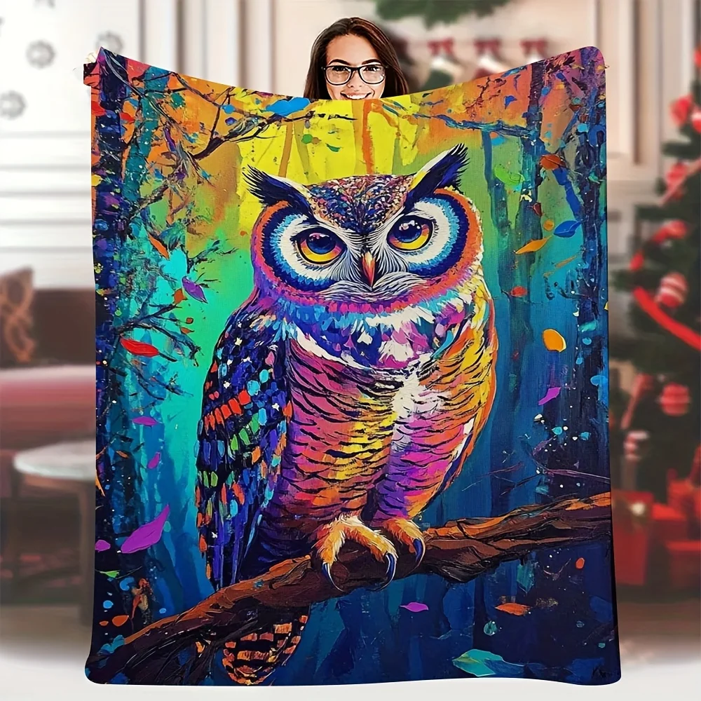 Vibrant Owl Jungle Print Abstract Throw Blanket for Sofa Couch Boho Home Decor Living Room Cozy Fleece