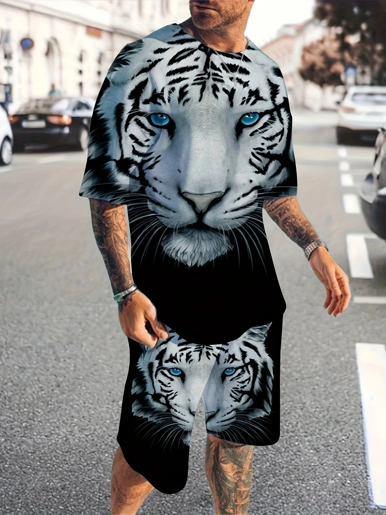 New Summer Men\'s Sets Shorts Outfits 3D Tiger Printed Short Sleeve T-shirt Two Pieces Casual Tracksuit Oversized Beach Sportwear