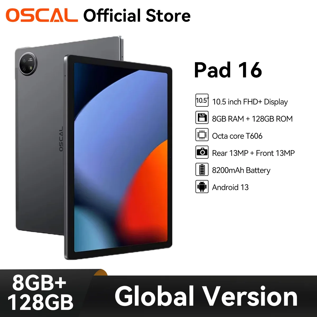 OSCAL Pad 16 Tablet ,10.5'' FHD+ Display 8GB 128GB/256GB,8200mAh Unisoc T606 Octa core,13MP Camera Android 13 Tablets Blackview