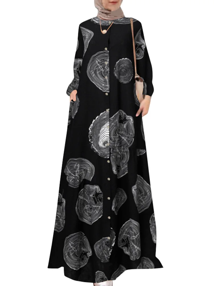 Abaya Kaftan Dress for Women, Cotton Hemp Print Robe, Muslim, Retro Long Sleeve, Islam Kaftan, Europe and America