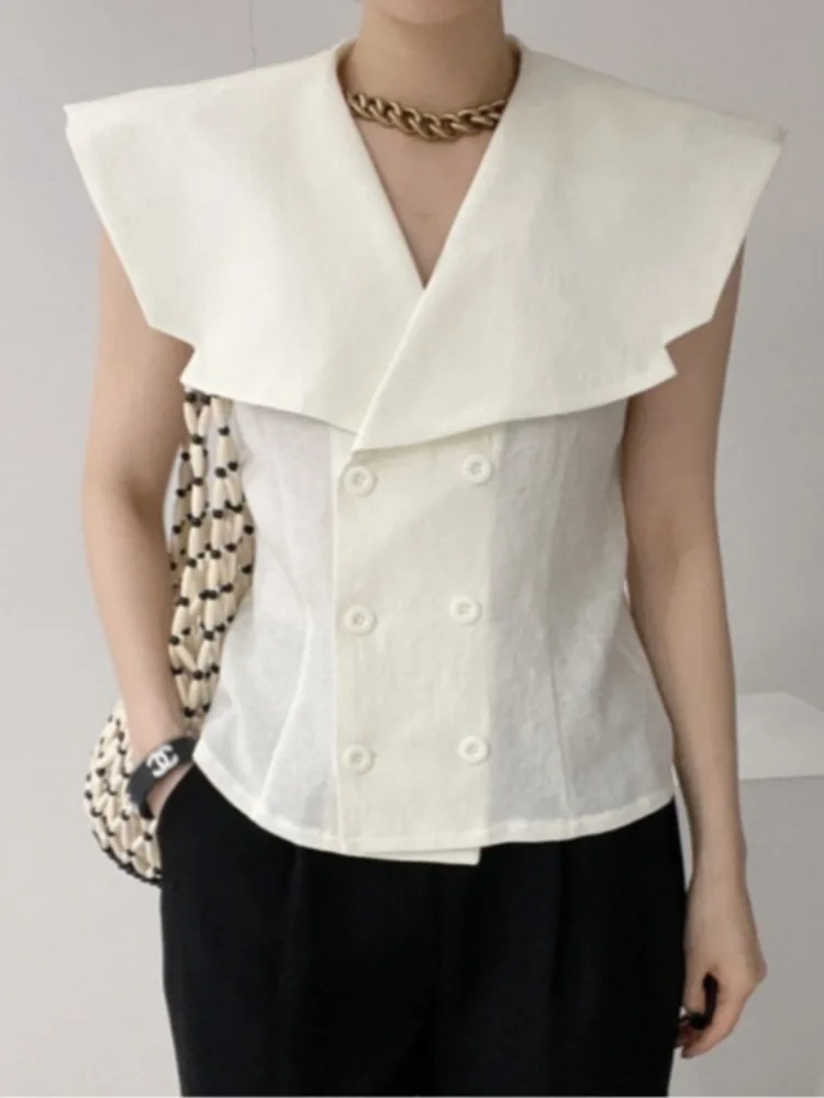 

Retro Personali Large Collar Suit Vest ort Outerwear Women Summer New High-End Double Buttoned Top Navy Collar Pure Color