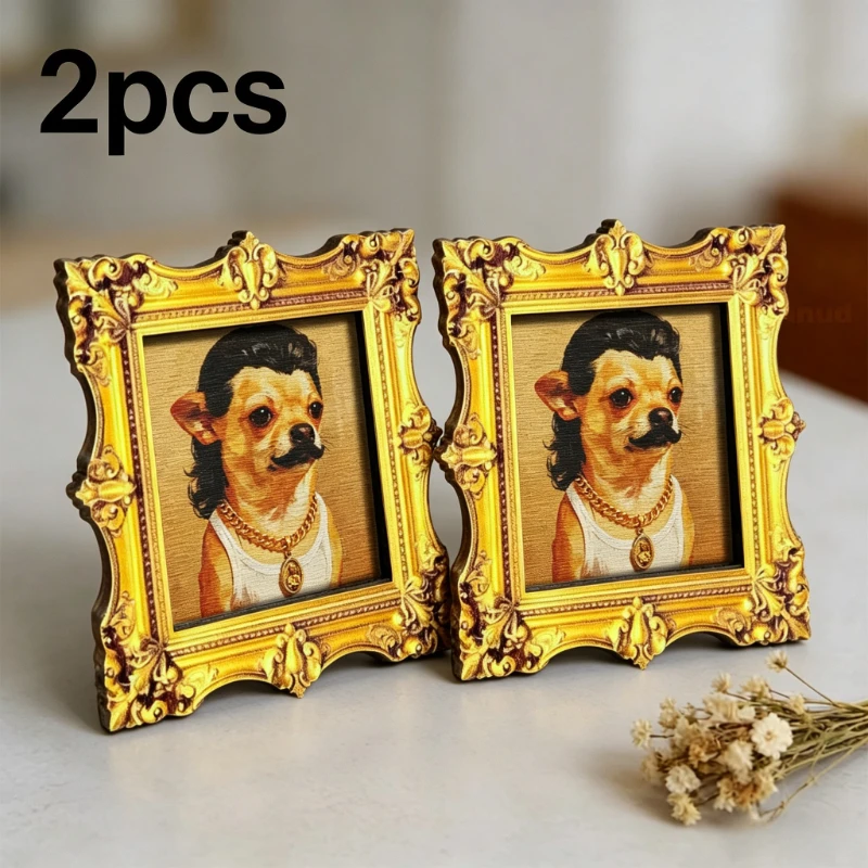 2pcs Vintage Golden Framed Chihuahua Dog Portrait Decor, Funny Mullet Dog Mini Wall Tabletop Art Ornament, Cool Pet Dog Painting