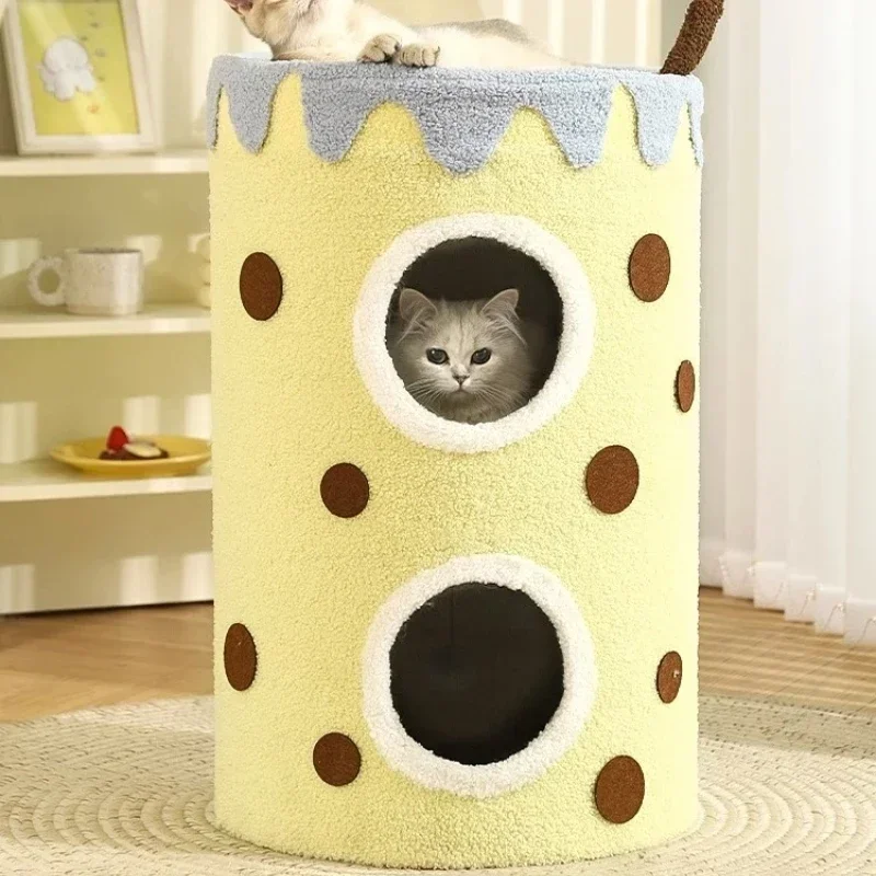 

New Cat Nest Winter Warm Layer Cat Bed Double Sisal Cat Clasp Plate Milk Tea Appearance Closed Four Seasons Cat House Universal