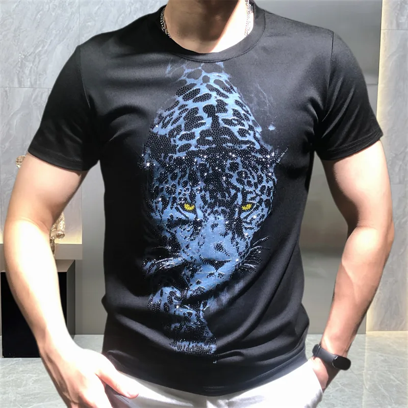 

Leopard Hot Drill Tshirt Men Short Sleeve Vintage Social Club Outfits Summer Animal Casual Man T-Shirt Breathable O-neck Top Tee