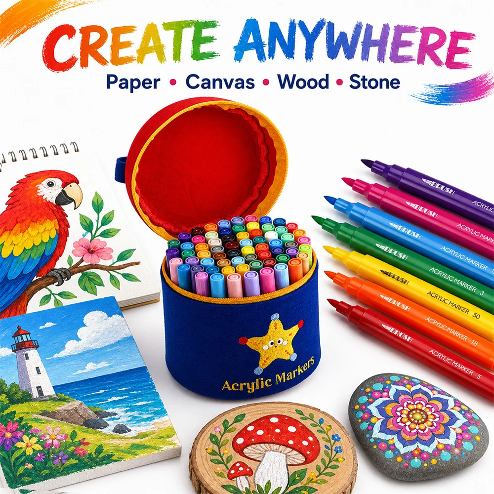 Acrylic Marker Pen Set Felt Barrel Storage Soft Tip Art Drawing Pens for Kids Painting Graffiti Coloring Supplies