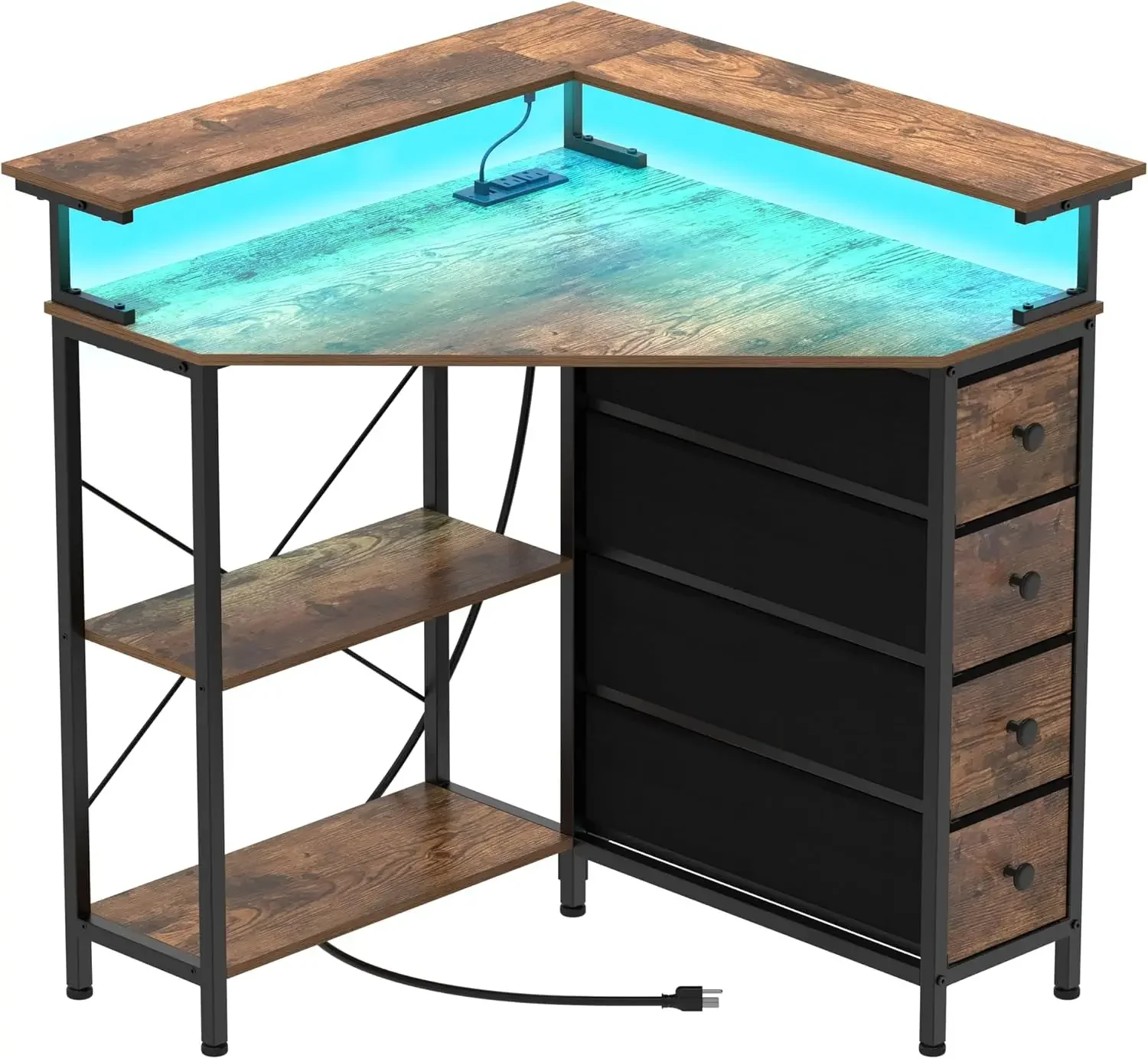Corner Desk with Drawers Shelves for Small Space 90 Degrees Triangle Computer Desk with Power Outlets,Gaming Desk with LED Light