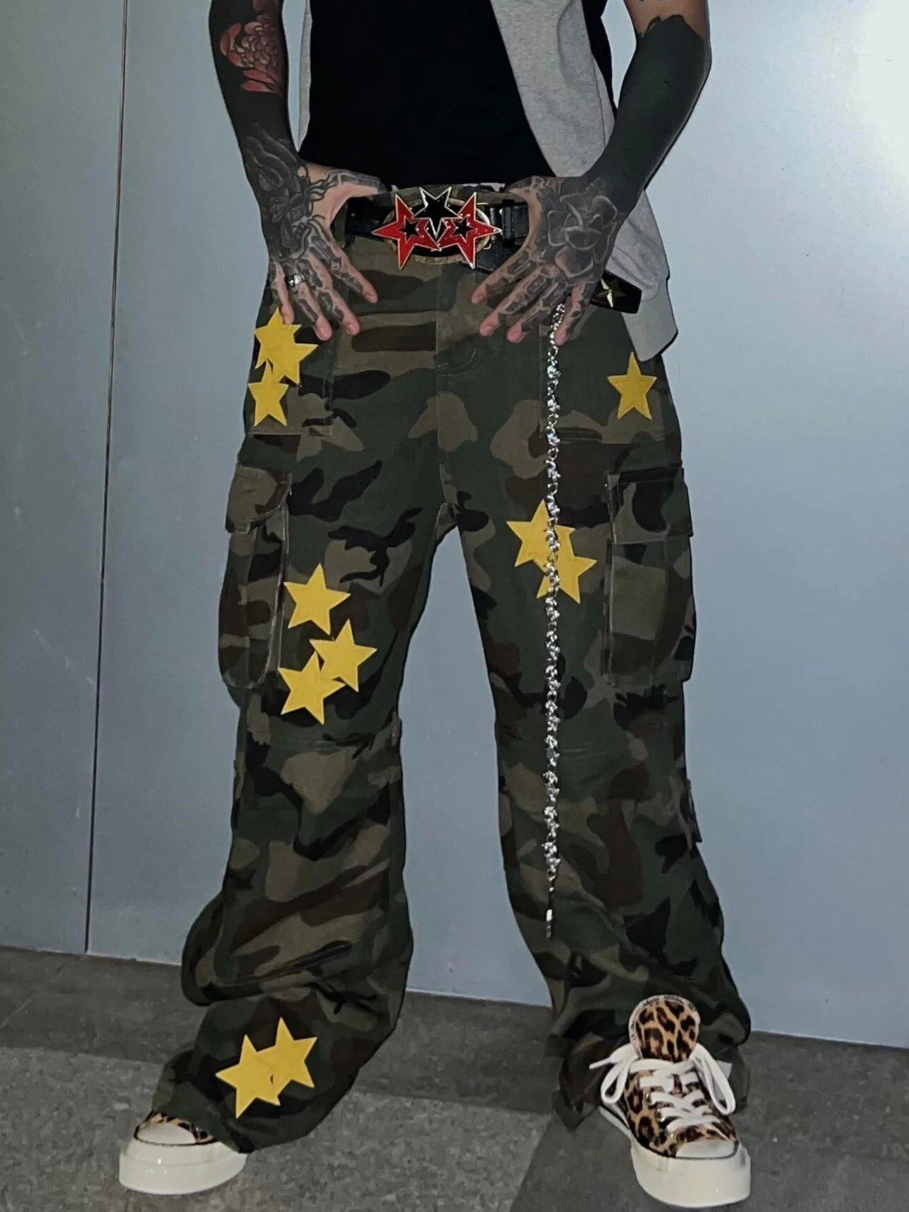 

Heavy Du Camouflage Pants Men's Straight Leg Loose Wide Leg Long Trousers Baggy Hip Hop Street Big ket Star Patched Jeans